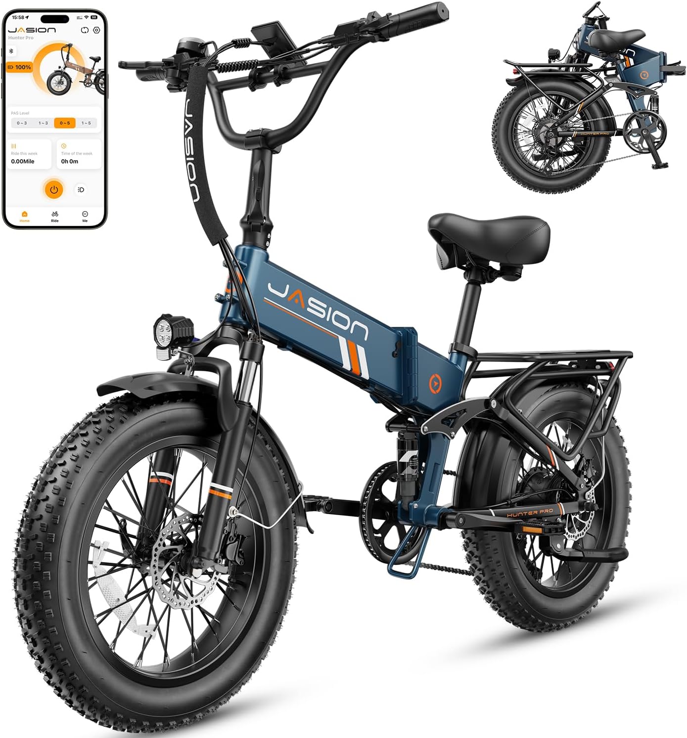 Jasion Hunter Pro Electric Bike for Adults, 1800W Peak Motor 80 Miles, up to 30+MPH,720WH Removable Battery Foldable Ebike