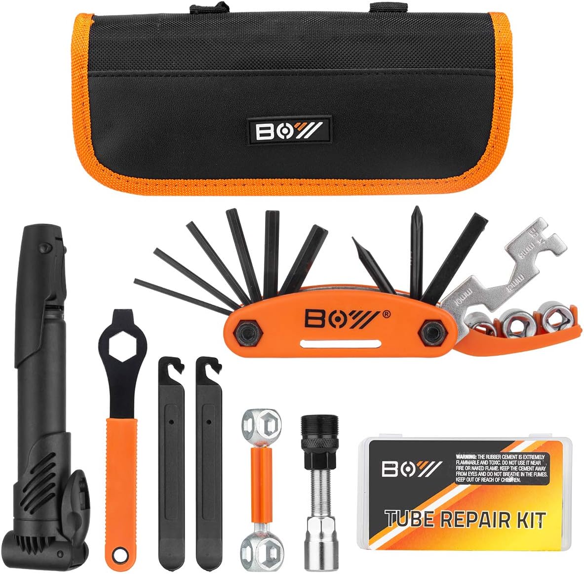 Bicycle Repair Bag With Tire Pump, Portable Tool Kit for Camping Travel - Bike Glueless Patches, Maintenance Essentials All in One Safety Kit