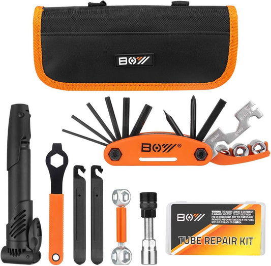 Bicycle Repair Bag With Tire Pump, Portable Tool Kit for Camping Travel - Bike Glueless Patches, Maintenance Essentials All in One Safety Kit